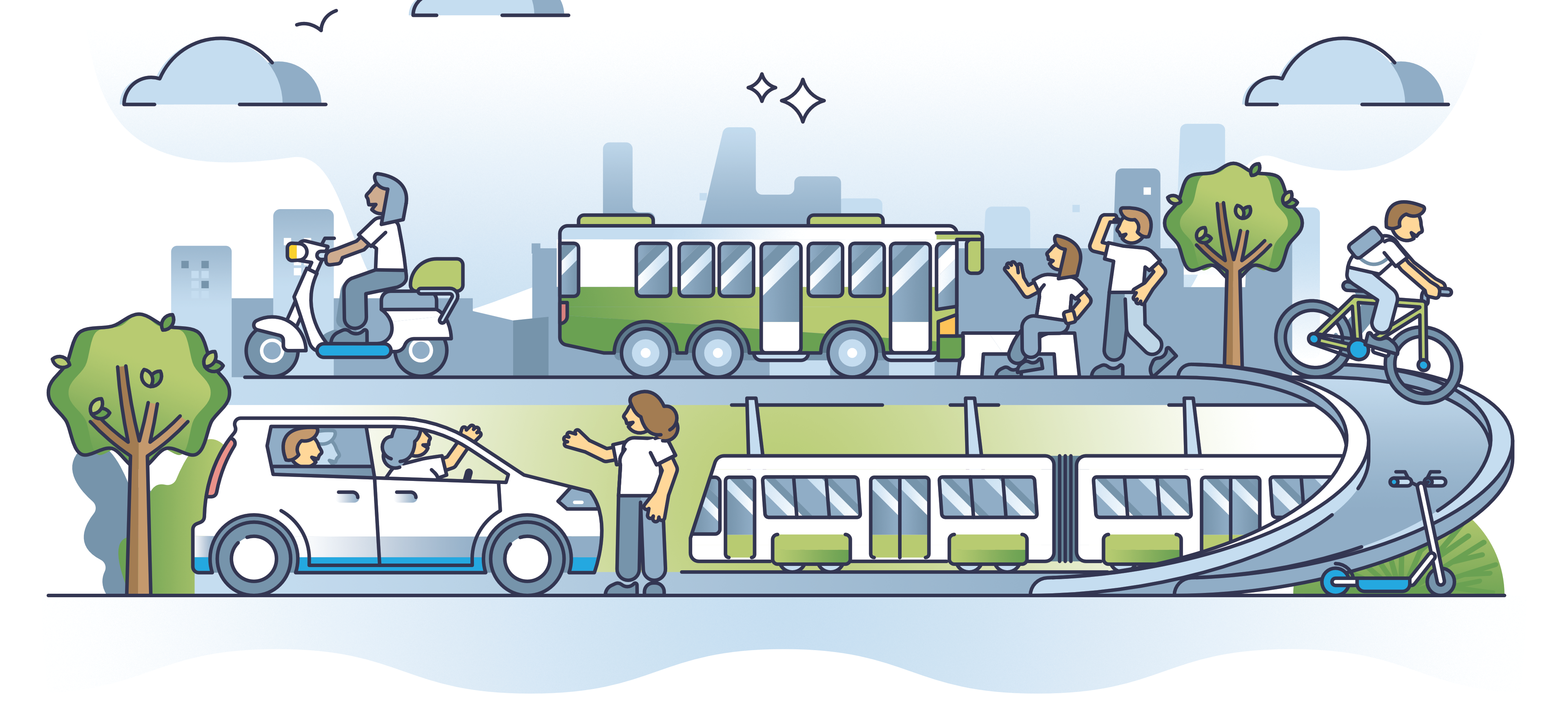 Die Abbildung zeigt verschiedene Fahrzeuge: Bus, Auto, Zug, Fahrrad, Roller