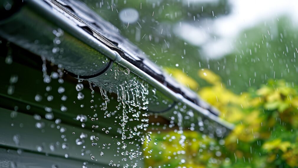 Close-up of rain spout on house, channeling water away from the roof.